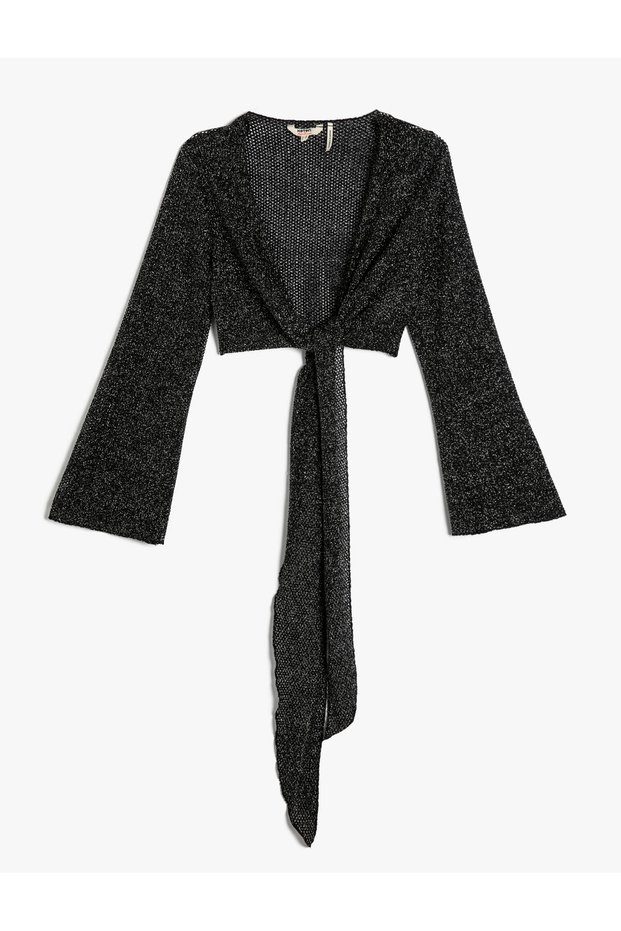 Crop Blouse Glittered Front Tie Spanish Sleeve