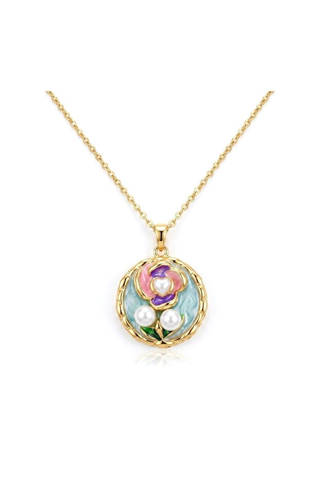 Double Pearl Rose Detailed Steel Necklace