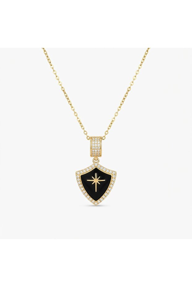 Non-Tarnish Steel Zircon Stone Black Enamel Knight Polar Star Necklace - Gift Boxed