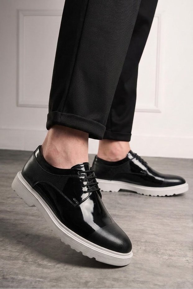 Men's Daily Black Patent Leather Casual Groom Shoes Laced White Sole Classic Shoes K-384