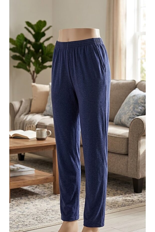 Men's Cotton Lycra High Quality Navy Blue Pajama Bottoms with Elastic Waist Pockets