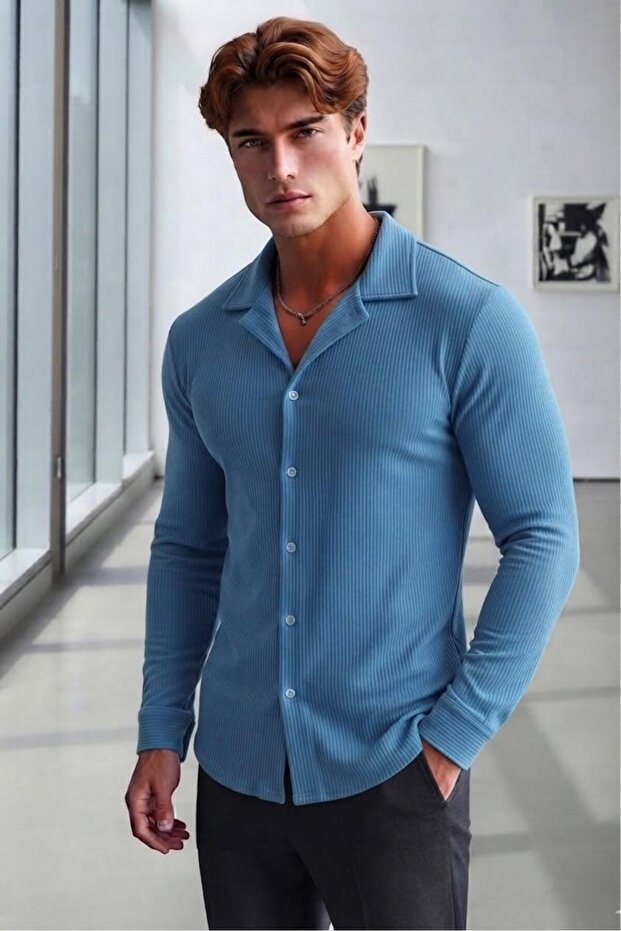 Men's Petrol Blue Ottoman Corduroy Oversized Fit Shirt