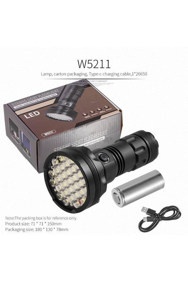 مصباح يدوي قوي قابل لإعادة الشحن بمنفذ USB طراز w5211، فائق السطوع، مزود ببطارية LED تكتيكية 18650، مناسب للتخييم.