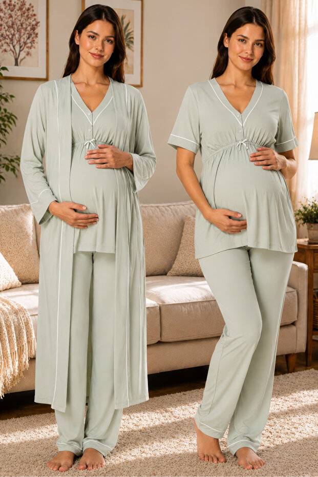 Cotton Dressing Gown Maternity Nursing Pajama Set with Adjustable Elastic Waist Effortt - Green