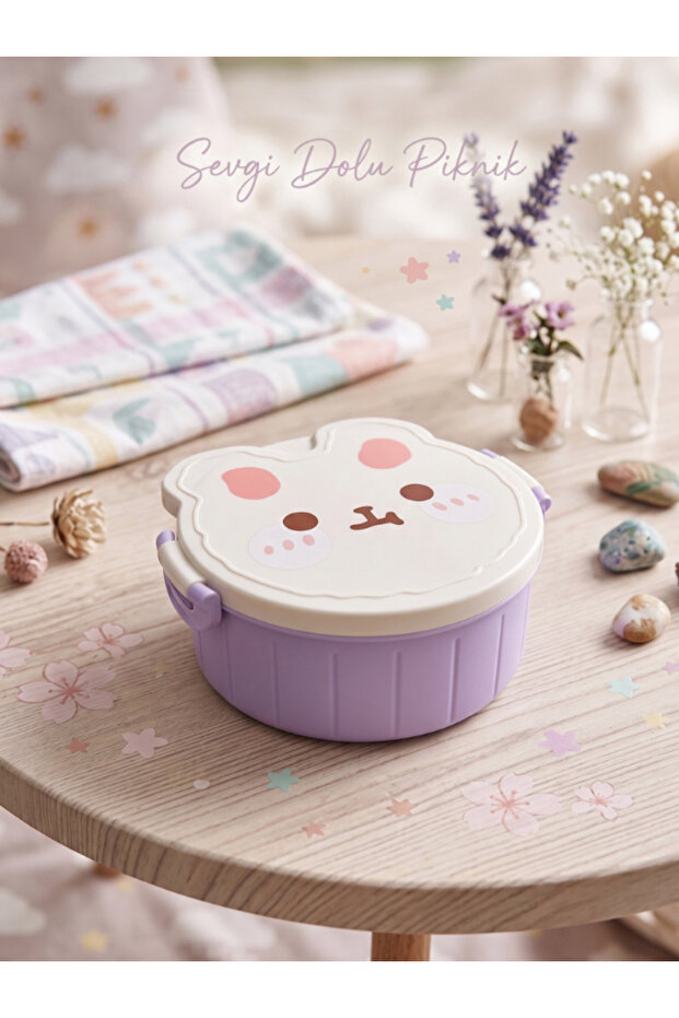 Teddy Bear Three-Compartment Plastic Lunch Box with Fork and Spoon for Children