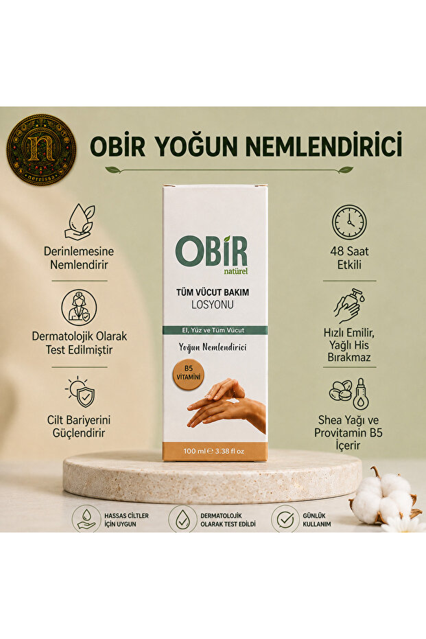 Obi̇r Natural Intensive Moisturizing Body Lotion 100 ml | B5 Vitamin & Shea Butter Moisturizer | Fast Absorption | 48 Hour Moisturization