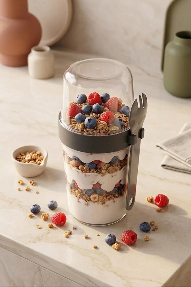 5817 Yogurt Muesli Container – Practical Portable Snack Container with Spoon – Anthracite 400Ml+200Ml