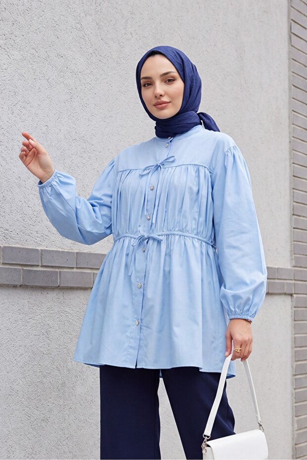 Stone Buttoned Shirt with Elastic Sleeves and Tie Detail - Baby Blue