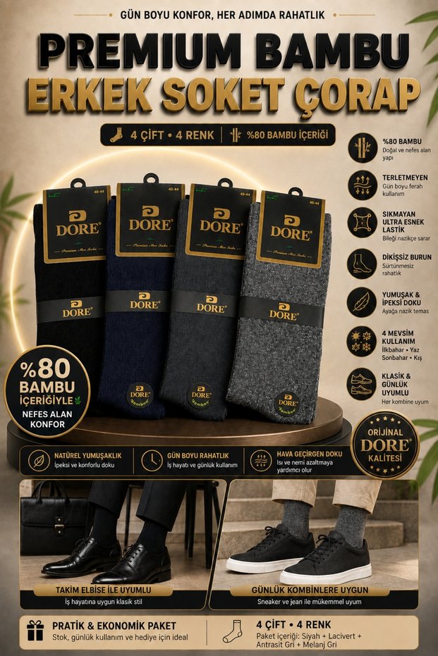 Original Men's 4-Pair Bamboo Breathable & Non-Squeezing Ultra Flexible Elastic Comfort Model Soft Textured Anti-Sweat Seamless Toe Premium 4-Season Daily Long Sock Set - 4 Colors