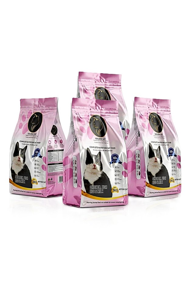 Cat Dry Food Chicken Fish Egg & Milk Flavor 3kg x 4 Bags (Total 12kg) | 32% High Protein Premium Cat Food for Kittens, Adult & Mother Cats | Complete Nutrition Formula