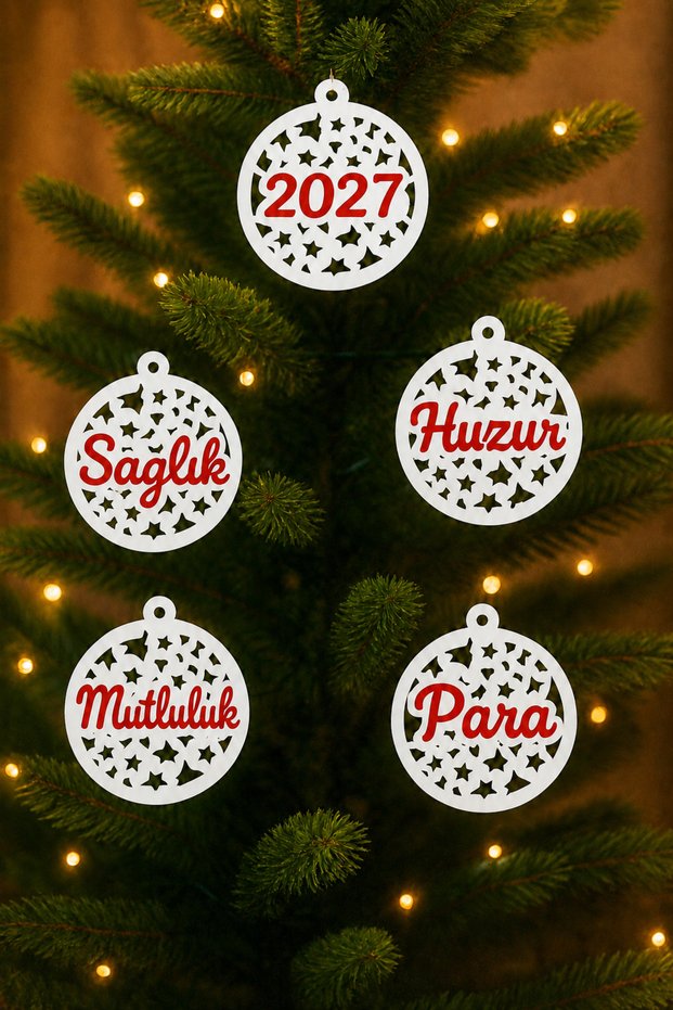 Set of 5 2027 Christmas Tree Ornaments – White and Red Decorations with Themes of Health, Peace, Happiness, and Money