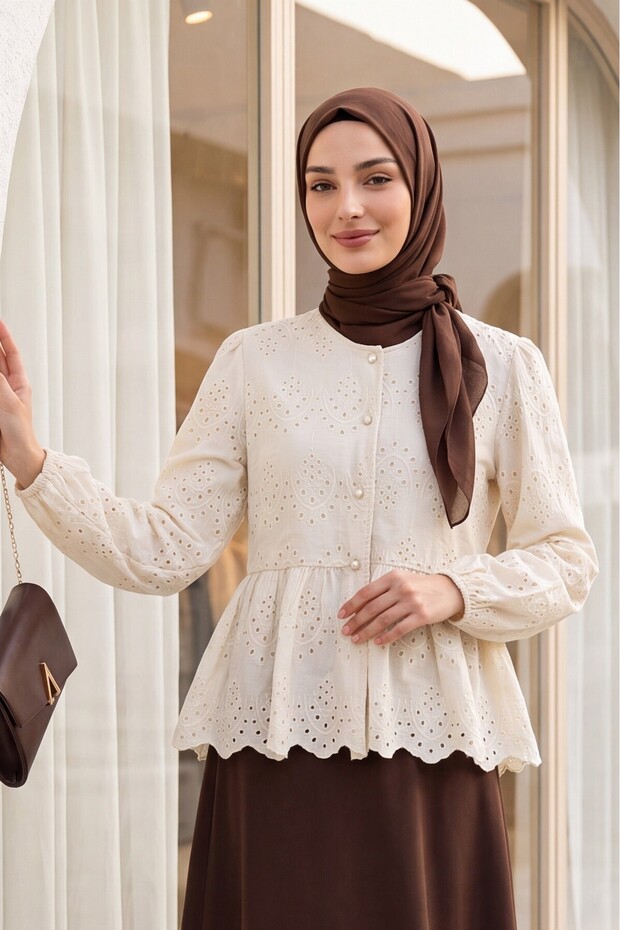 Elastic Sleeves, Openwork Buttons, Lined Shirt -Beige