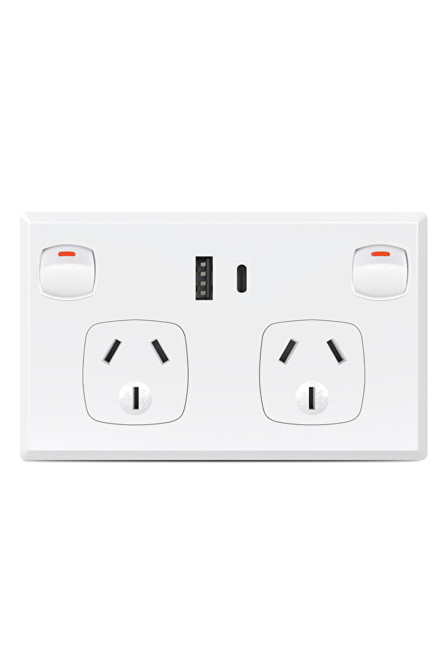 AU 1USB-A 1Type-C White Australian Standard USB Wall Socket Dual Outlet with Type-C and Switch, AU P