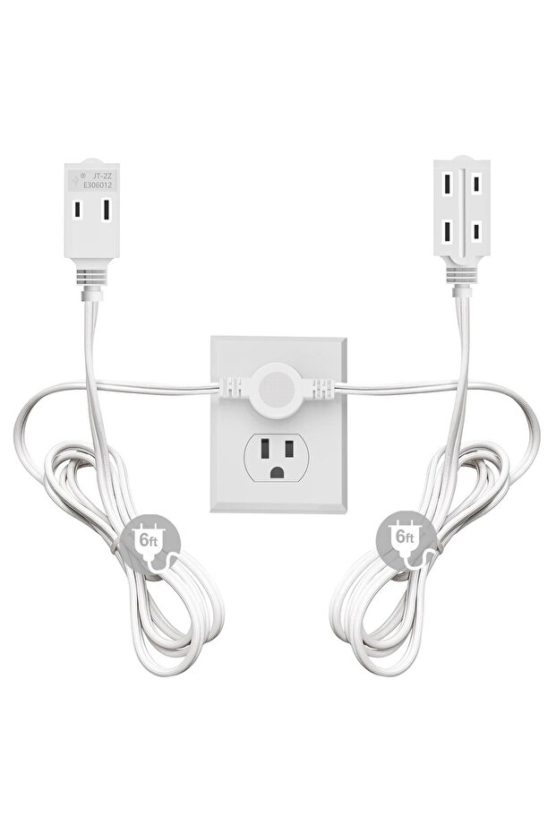 White Twin Extension Cord Power Strip, 12 FT Double Extension Cord Splitter (6 FT Each Side),3 Prong