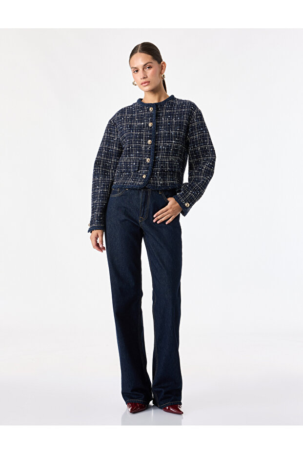 Crew Neck Long Sleeve Cropped Tweed Jacket with Metal Button Accessories