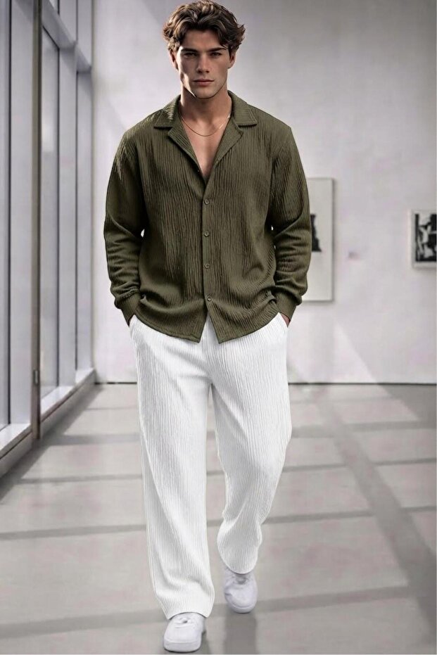 Men's Green Wrinkled Shirt White Pantalon Suit