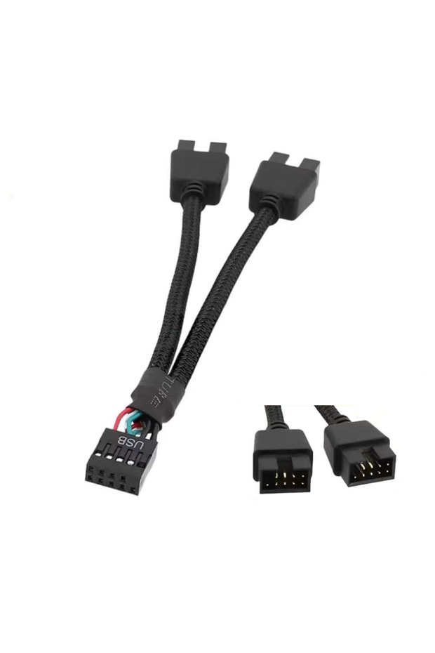 كابل USB أسود من 9 سنون إلى كابل مزدوج 9 سنون، مقسم لهيكل الكمبيوتر واللوحة الأم، 1 مدخل 2 مخرج، نقل بيانات