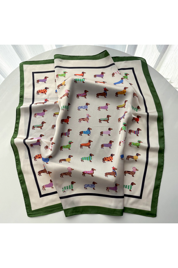 6FJ113-15-Green Imitation Silk Scarves Bandanas Cotton Dog Printed Square Scarf For Women Stylish Lu