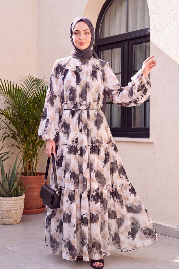 Patterned Lace-Up Lined Segmented Chiffon Dress - Black