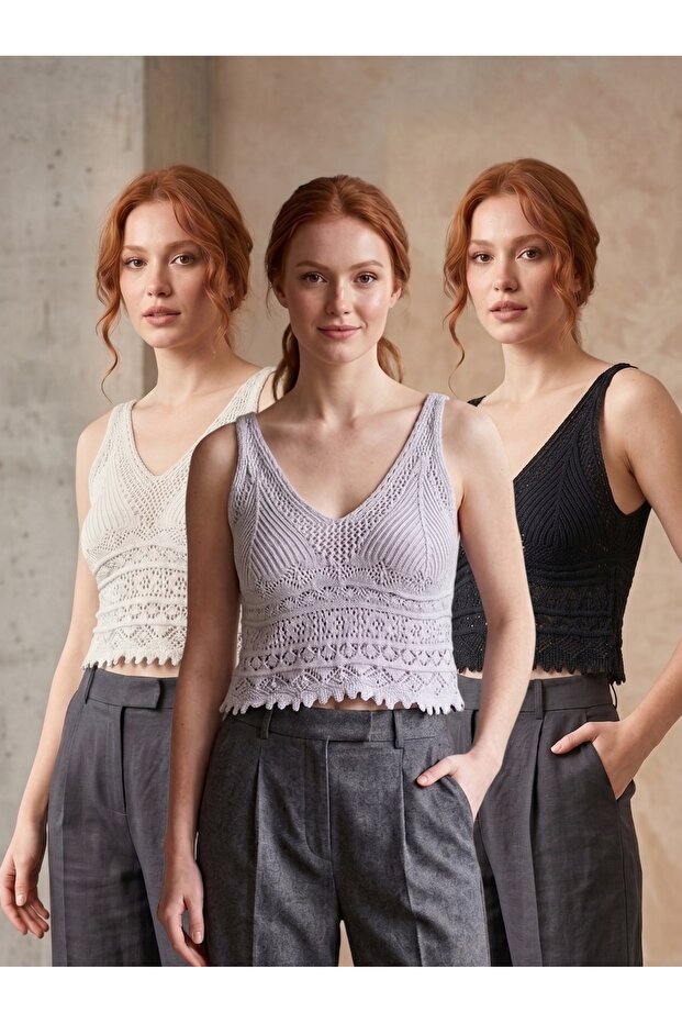 Women's Strappy V-Neck Openwork Knitted Crop Blouse 3-Piece Set