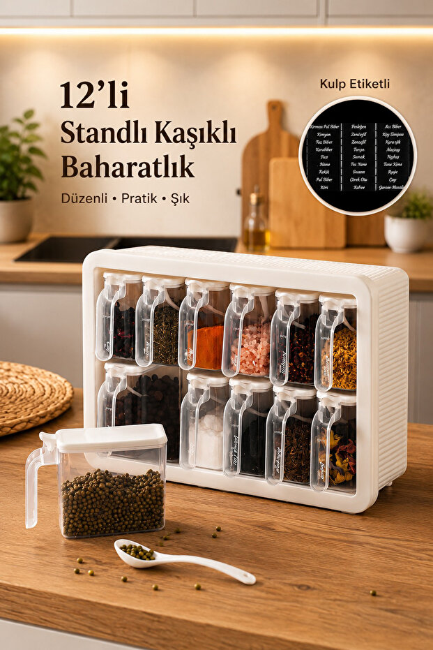 Simple 1168 Random 12-Piece Spice Container Storage Container Set with Stand, Adhesive, and Spoon-Lid - White