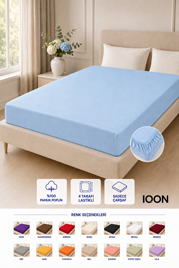 100% Cotton - Poplin Fabric 4-Sided Elastic Fitted Sheet 180X220 cm – Baby Blue 21 Colors