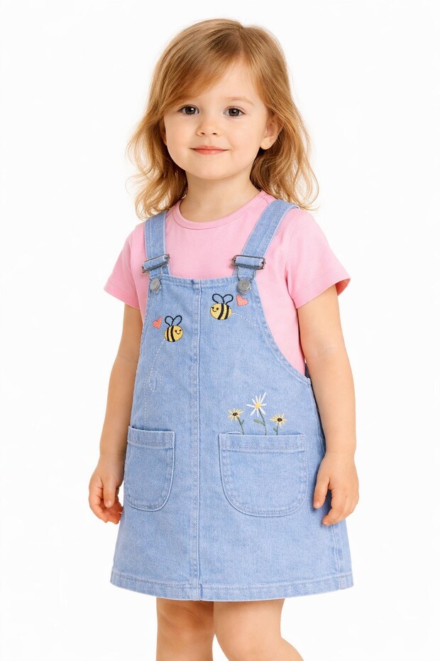 Baby Girl Bee Embroidered Denim Look Gilet Dress + Basic Cotton T-Shirt 2-Piece Set 6-9-12-18-24 Months