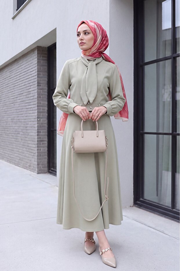 Diagonal Suit with Hidden Buttons and Scarf Detail - Stone Color