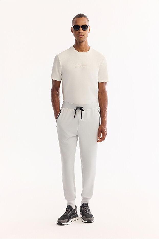 Men's Light Gray Elastic Waist Lace-Up Bi-Stretch Technical Fabric Regular Fit Sweatpants A52Y3416