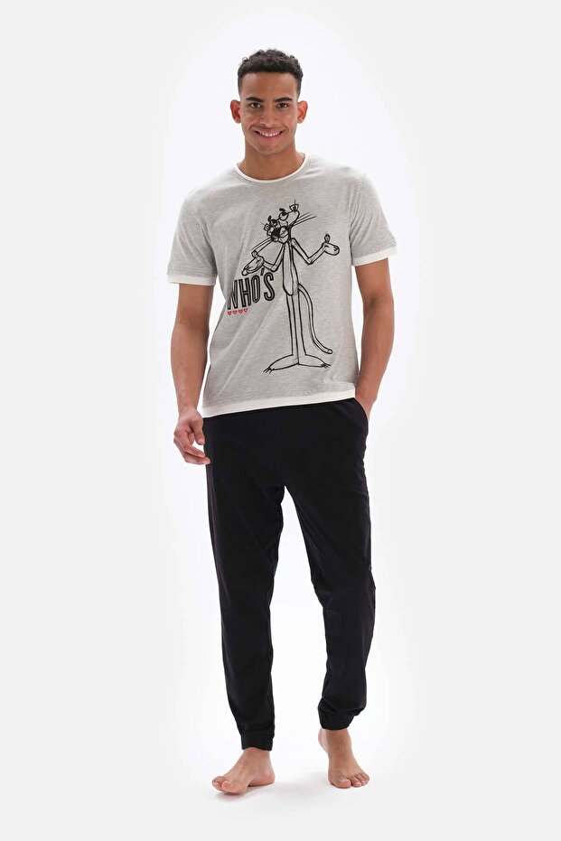 Gray Short Sleeve Printed Jogger Leg Knitted Pajama Set