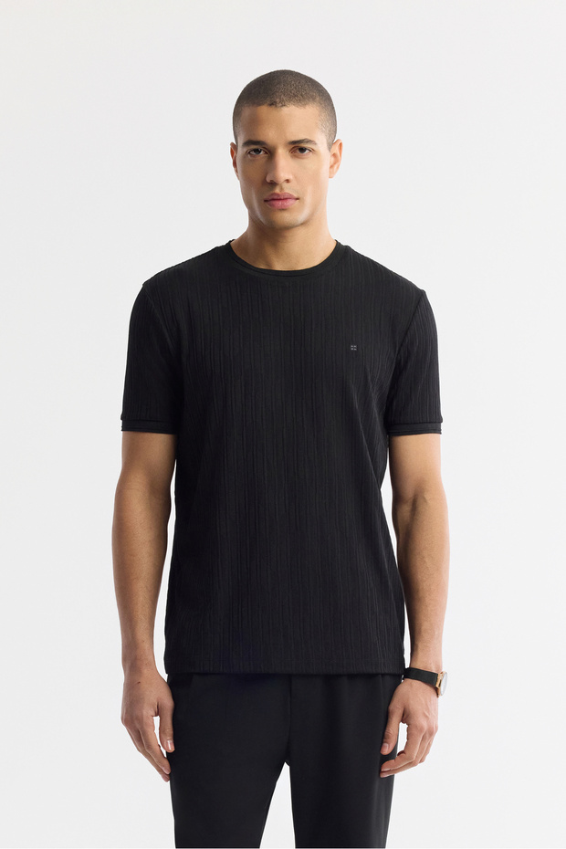 Men's Black Crew Neck Jacquard Elastane Regular Fit T-Shirt A51Y1035