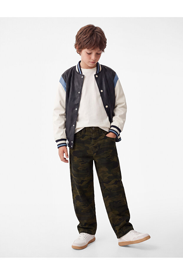 Camouflage Patterned Cotton Gabardine Baggy Trousers with Pockets
