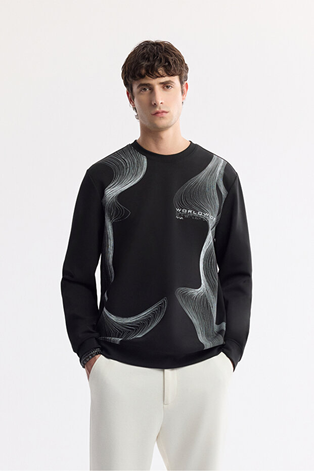 Men's Black Crew Neck Bi-Stretch Interlock Regular Fit Sweatshirt A51Y1221