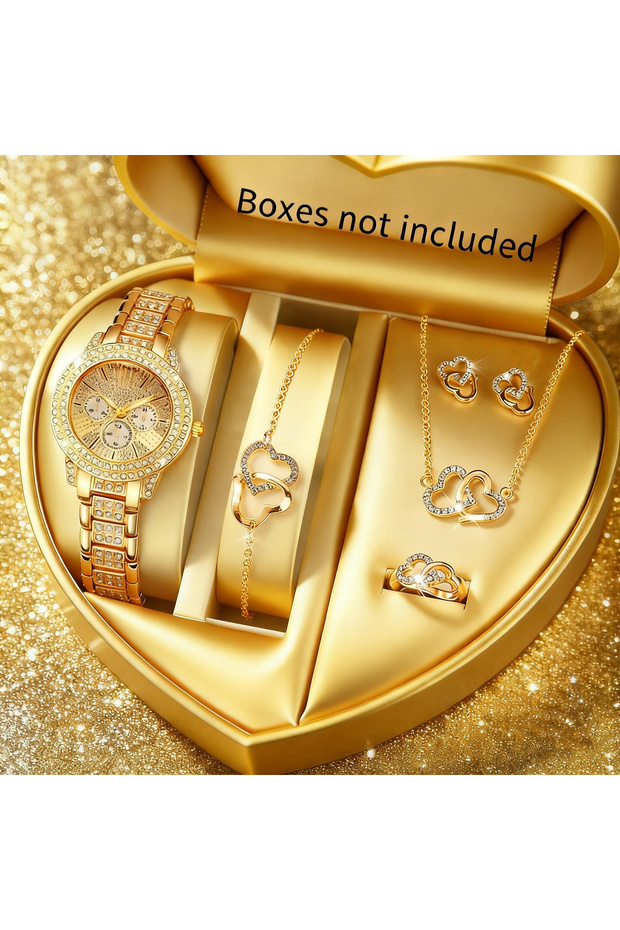 Gold A No Box 5pcs women's watch set, fashionable and casual women's quartz watch and necklace, ring