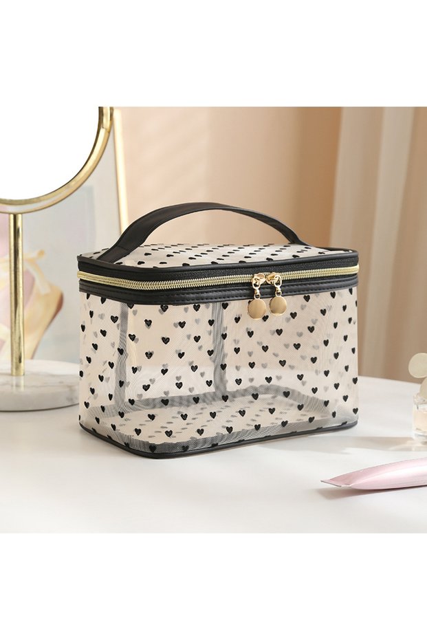 Yellow lid opening Double-layers Black Mesh Cosmetic Bag Travel Portable Large-Capacity Makeup Case