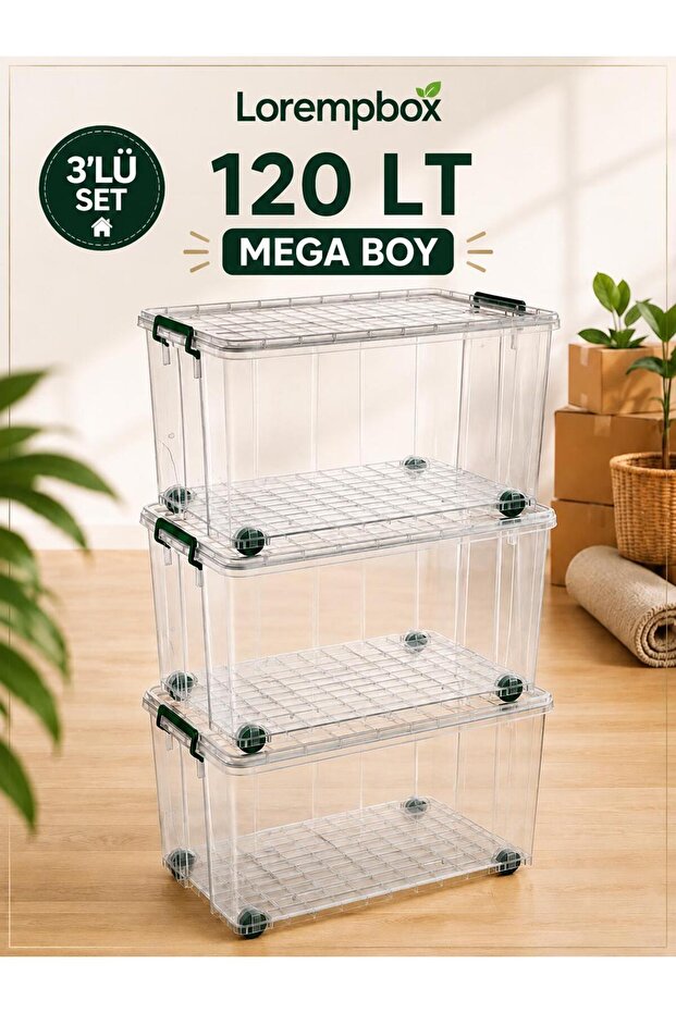 Wheeled Storage Box 120 Liters Transparent 3 Pieces Storage Container Kitchen/Bathroom Multi-Purpose Storage