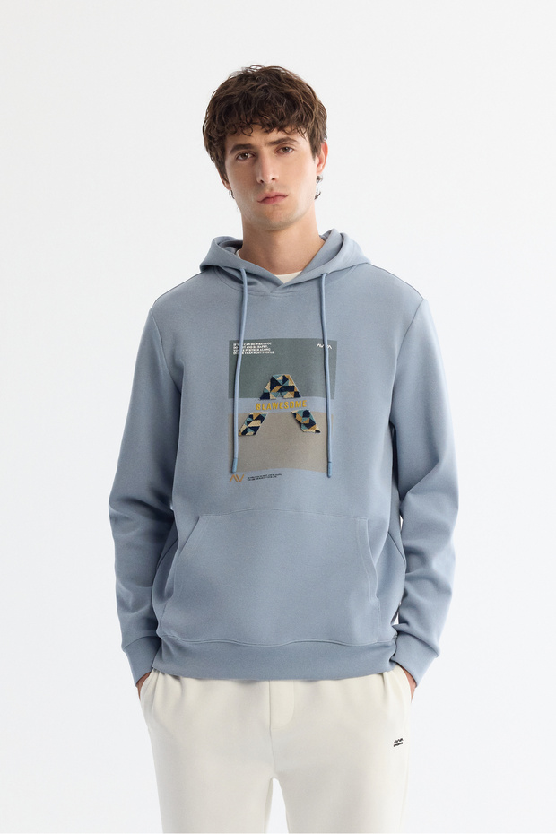 Men's Light Blue Hooded Cotton Printed Elastane Regular Fit Sweatshirt A42Y1321