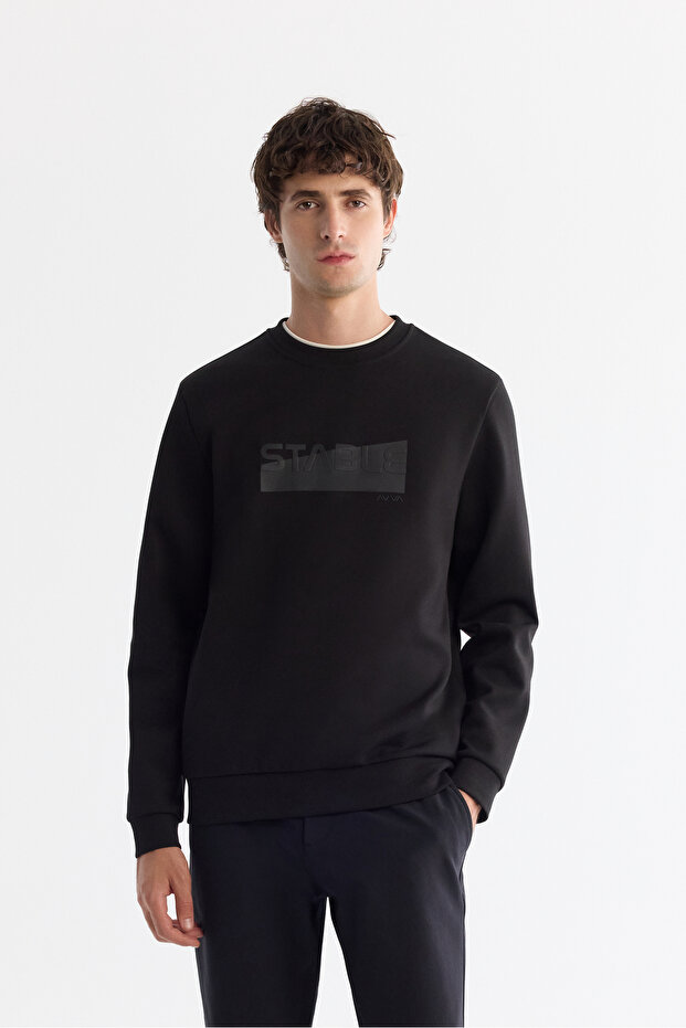 Men's Black Crew Neck Cotton Printed Elastane Regular Fit Sweatshirt A42Y1229