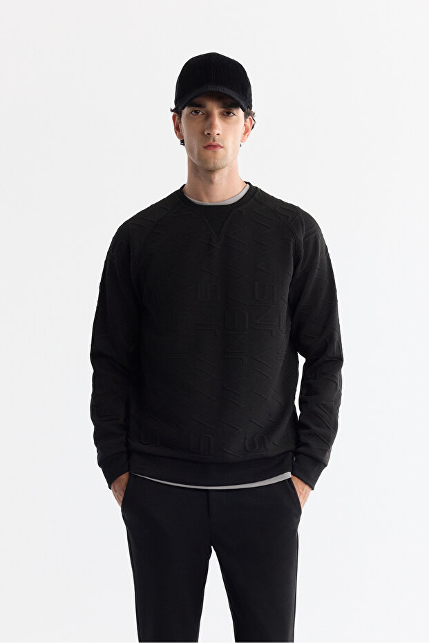 Men's Black Crew Neck Printed Elastane Regular Fit Sweatshirt A42Y1335