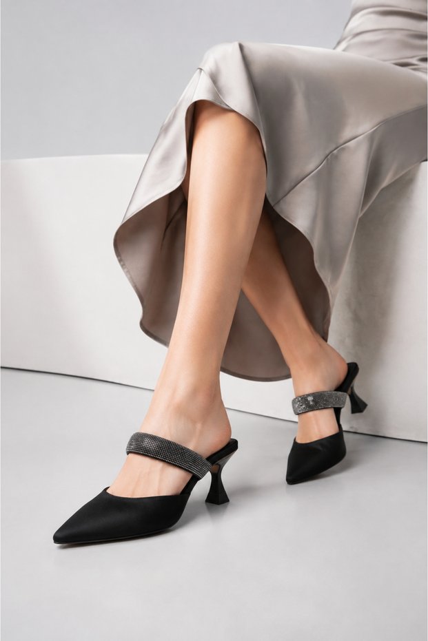Fv502 Women's Black Heeled Shoes – Pointed Toe with Stone Detail, Slingback Premium Design