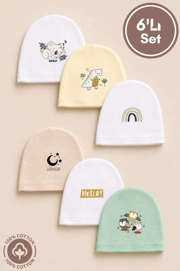 Unisex Baby Printed 0-6 Months Single Layer Combed Organic Cotton Baby Beanie Set of 6