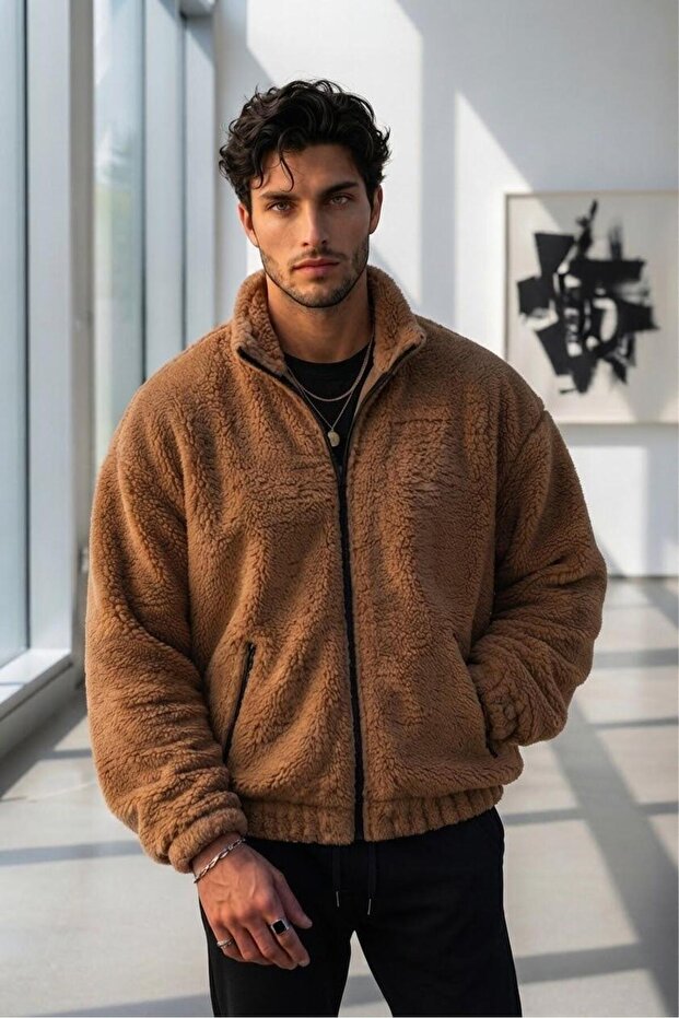 Camel Cinnamon Plush Wellsoft Stand-up Collar Pockets Zippered Oversize Cut Plush Jacket
