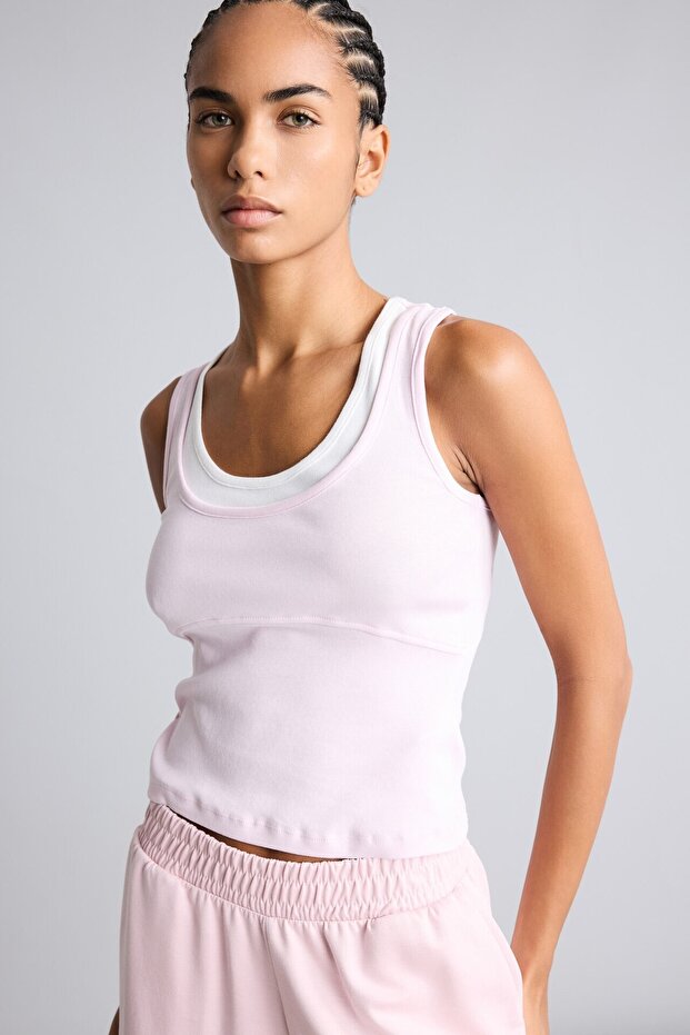 Double Layer Look Slim Fit Ribbed Crop Basic Undershirt I7464Ax26Hs