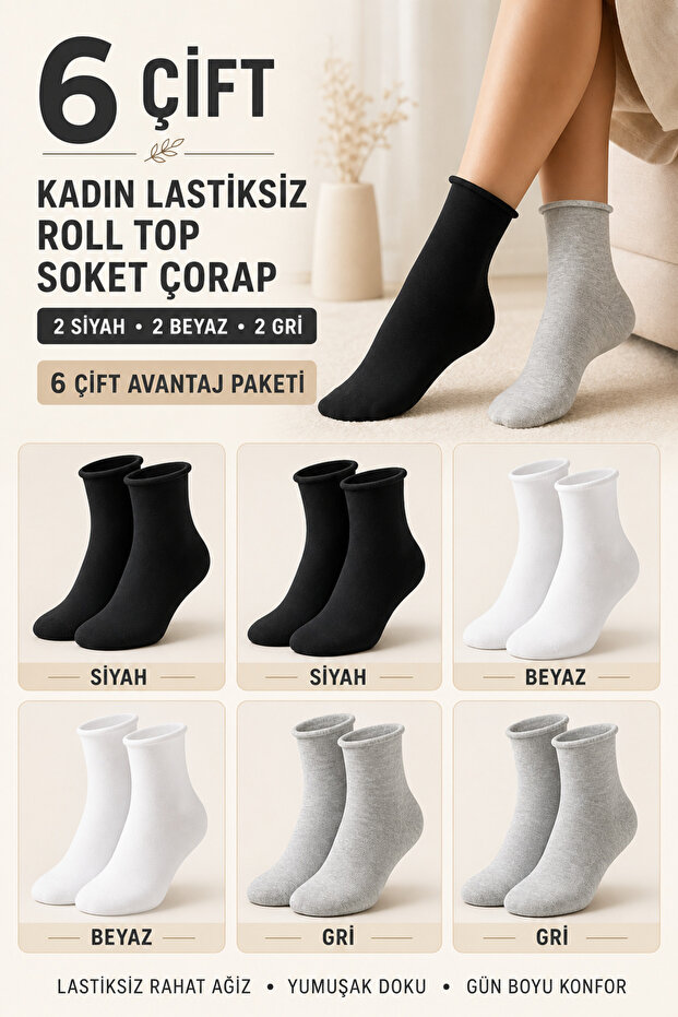 Women's Non-Elastic Roll Top Comfortable Socks 6 Pack 578 Black-White-Grey