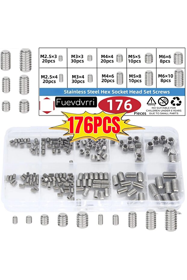 176pcs Kit 176Pcs M2.5, M3, M4, M5, M6 Metric Hex Socket Head Cup Point Set Screws, 304 Stainless St