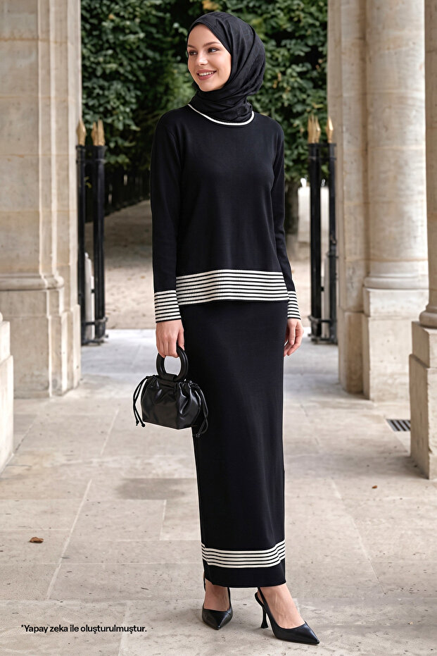 Black Suit with Piping Stripe Skirt
