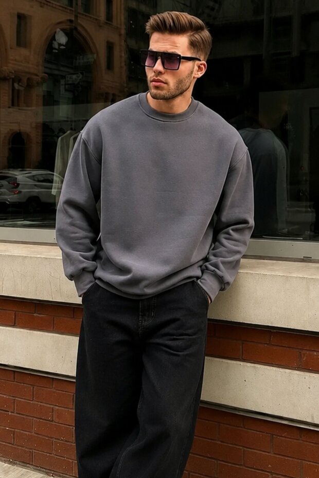 Smoked Crew Neck Oversize Basic Men's Sweatshirt 6048