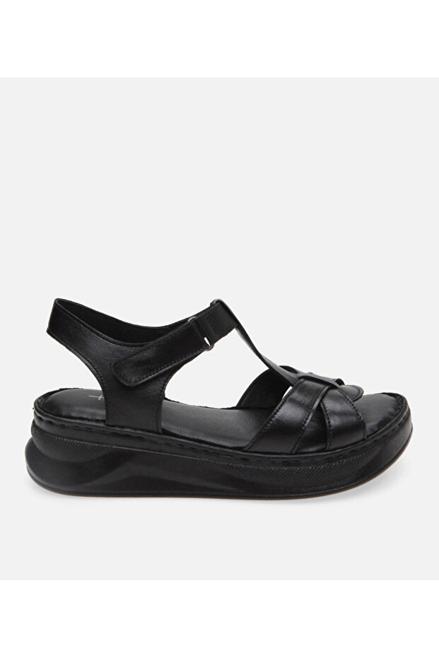 Women's Leather Black Flat Sandals