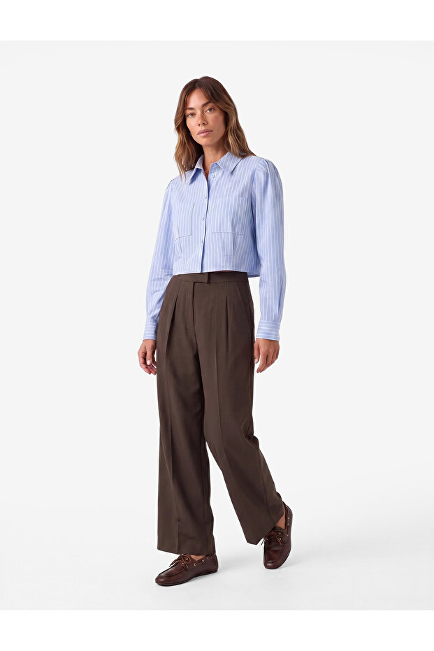 Cotton Regular Fit Pleated Pocket Long Sleeve Classic Collar Striped Crop Shirt