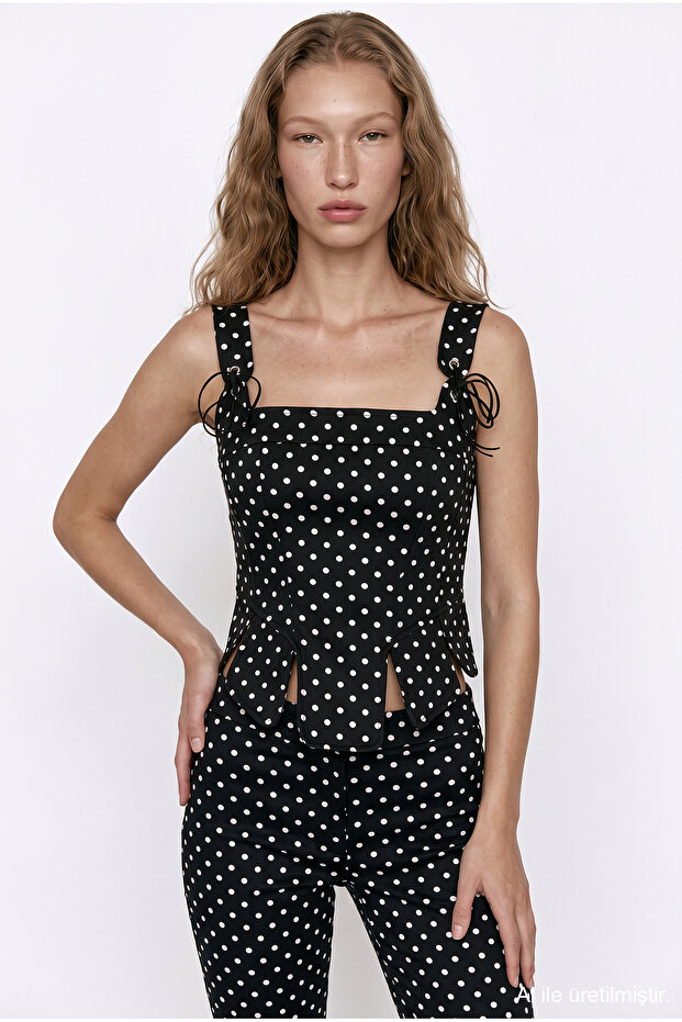 Polka Dot Lace-Up Corset Blouse Black